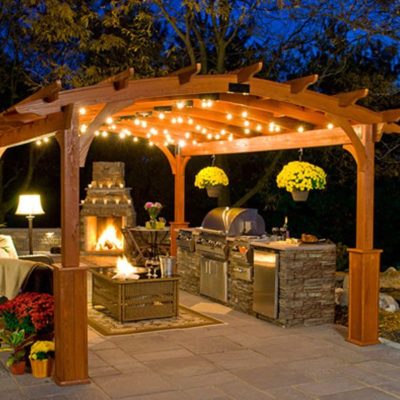 Hearthside Pergola with night lighting